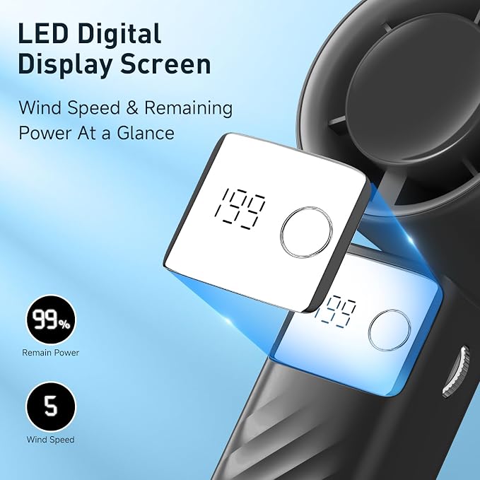 YOSHENMO Portable Handheld Turbo Fan - Foldable Mini Fan with Air Turbo Tech, 1-199 Speed Adjustment, 20H Runtime, LED Display, Battery-Powered for Indoor/Outdoor Use, Dark Black - Image 5