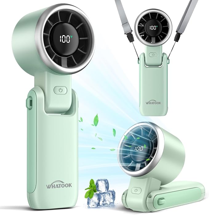 WHATOOK Portable Handheld Turbo Fan: 12m/s Strong Wind 15000RPM Mini Fan, 4000mAh Battery Rechargeable Personal Fan with LED Display, 3 in 1 Foldable Small Fan for Camping Beach Travel, Mint Green - Image 8