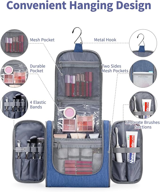 Narwey Hanging Toiletry Bag for Women Travel Makeup Bag Organizer Toiletries Bag Men for Cosmetics Essentials Accessories (Large, Navy Blue) - Image 2