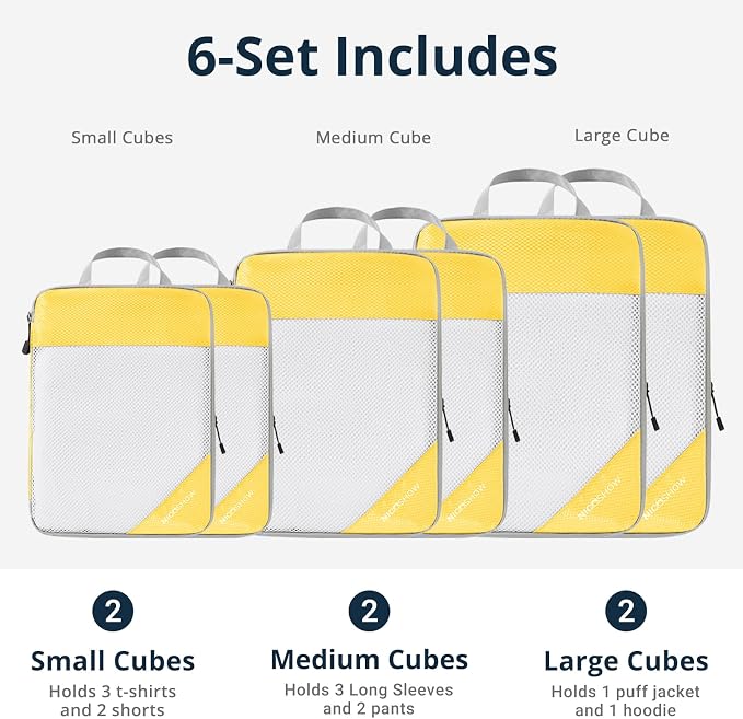 Compression Packing Cubes 6 Set, Compressible Space-Saving Packing Cubes for Travel - Compression Bags, Luggage Organizer, Travel Essentials for Women, Golden Yellow - Image 3