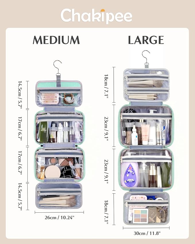 Travel Hanging Toiletry Bag for Women - Waterproof Cosmetic Organizer with Clear Window, Lightweight Bathroom Bags for Essentials, Makeup, Shampoo, Toiletries Green,Large - Image 3