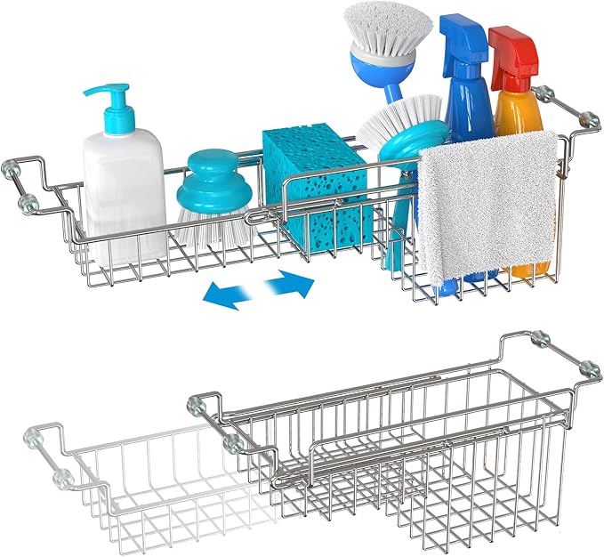 Over The Kitchen Sink Caddy Sponge Holder Organizer Drying Rack Expandable for Sponge Brush Soap Dish Cloth Rag, Stainless Steel (12.25" to 17.25") - Image 2