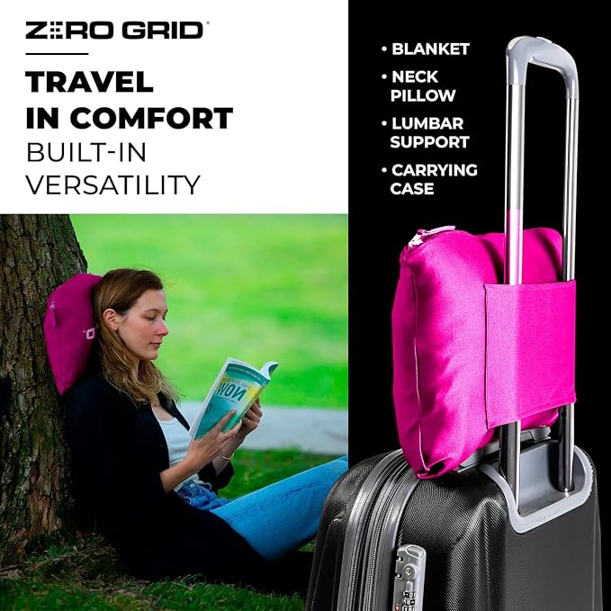 Zero Grid Lightweight Airplane & Travel Blanket with Foot Pockets, Hot Pink | Compact Wearable Blanket with Neck Snaps, Zips & Converts to Soft Pillow for Ultimate Comfort - Image 6