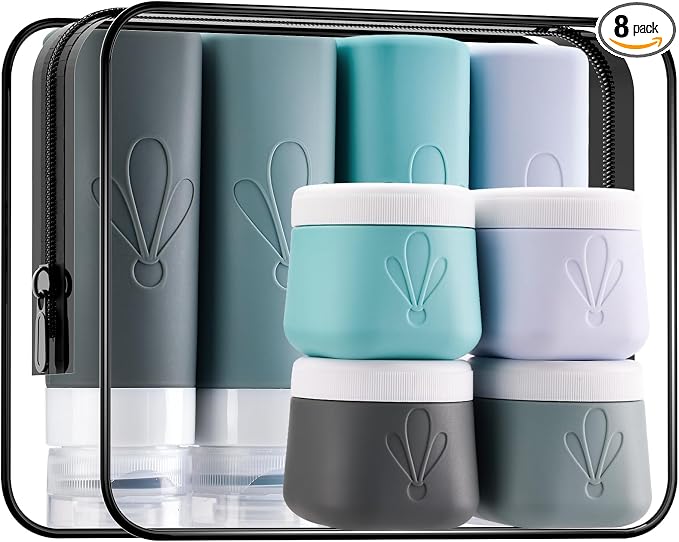 INSFIT travel bottles for toiletries 8 Pack, Leak proof Travel Size Toiletries Containers with toiletry bag, Squeezable Silicone Bottles & Cream Jars, Travel Essentials BPA-Free kit for Shampoo by INSFITPortableTravelBottles