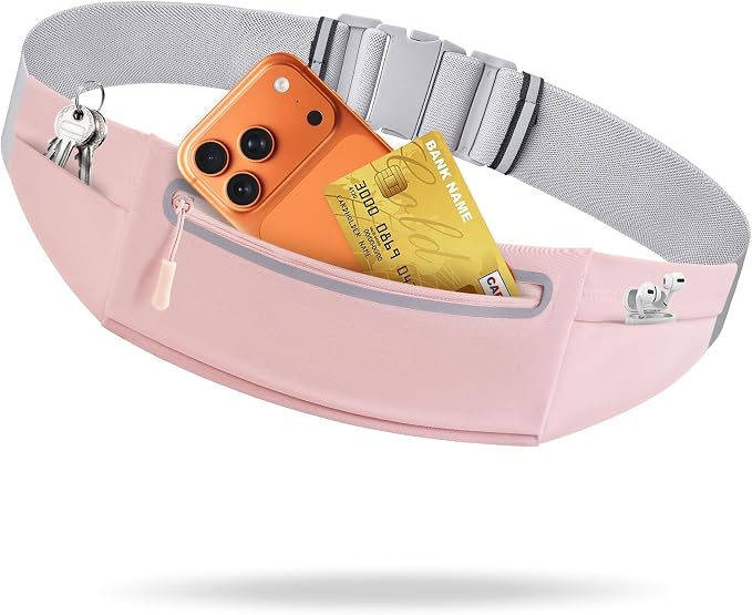 Slim Running Belt for Women Men,Phone Holder Waist Pack,Runners Fanny Pack | No-Bounce,Sweat-Proof Pocket,Travel Money Pouch for Gym/Hiking/Cycling,Three pocket,Two Highly Reflective Strips by Unknown