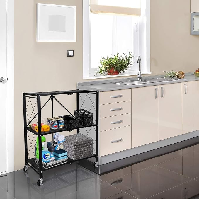 Kitchen Garage Metal Shelves, Storage Shelves Organizer, Foldable Metal Shelving, Closet Shelving Unit, 28" W x 14" D x 34" H Bakers Rack Microwave Stand, Plant Stand with Wheels (3-Tier Shelf) - Image 2