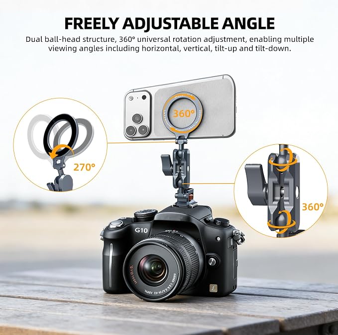 MOSENVKA 4-in-1 Magnetic Phone Mount for iPhone Foldable Stand | Arca-Swiss base, 1/4"-20 screw and Cold Shoe Adapter for GoPro, Cameras and Vlogging Setups - Image 3