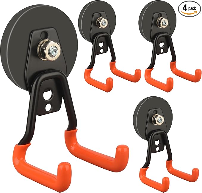 ULIBERMAGNET New Upgraded Heavy Duty Magnetic Garage Hooks,4 Pack Strong Large Magnet Hooks for Power Drill,Garden Tools,Hose,Pegboard,Garage, Workshop,Magnetic Storage Hook for Hanging(Orange) by ULIBERMAGNET