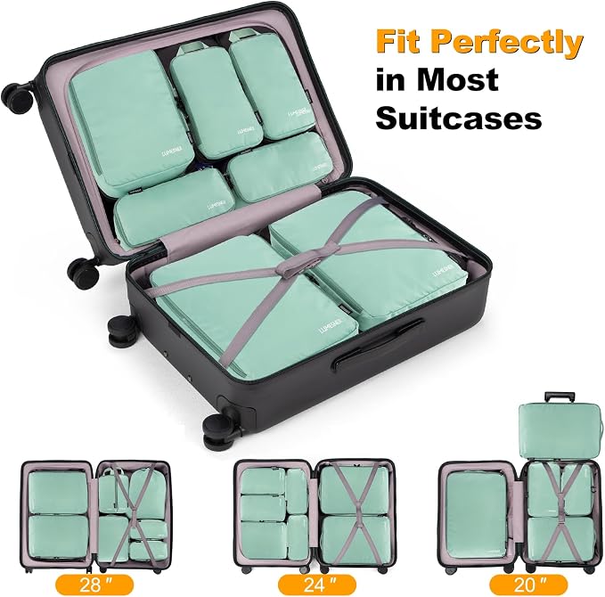 Compression Packing Cubes, Lumesner 8 Set Travel Packing Cubes for Carry on Suitcases, Compression Suitcase Organizers Bag Set & Travel Cubes (8-piece, Green) - Image 3