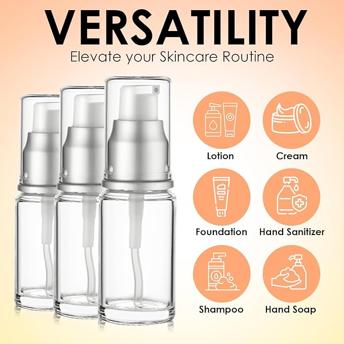0.5 Oz 15ml Refillable Luxury Clear Glass Lotion Travel Pump Bottle with Silver Cap for Cosmetics, Lotion, Body Cream, Sanitizers, Cream, Foundation (Pack of 3) | Silver Cap, Luxury, Serum, Foundation, Body Cream, Sanitizer, Cosmetics, Travel - Image 2