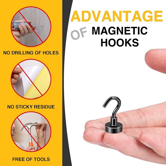 DIYMAG Magnetic Hooks for Refrigerator, Extra Strong Cruise Hook, Heavy Duty Earth Magnets with Hook Magnetic Hanger for Cabins, Grill (20P-Black) (Pack of 2) - Image 3