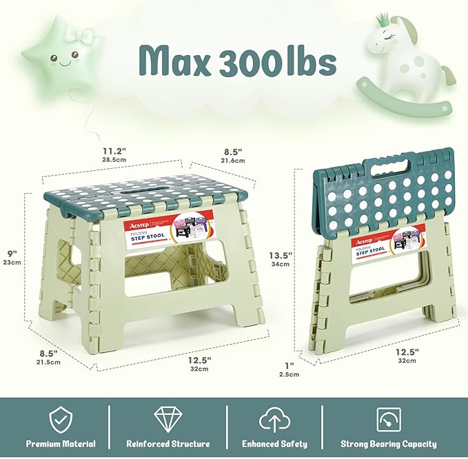 Folding Step Stool 9 Inch for Kids, 300 lbs, Bicolor Green | Lightweight Plastic Small Foldable Step Stool with Handle, Non-Slip, for Kitchen, Bathroom, Bedroom and Closet - Image 4