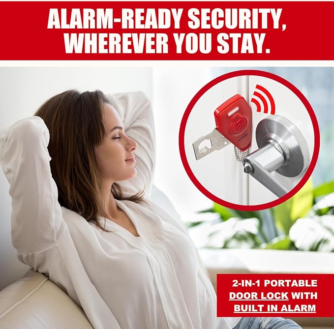 Securityman Portable Door Lock with Alarm | Hotel Door Locks for Travelers Security | Loud 130dB Door Security Device for Hotel Room, Apartment Home, & Travel Safety Inside for Women Children - Red - Image 2