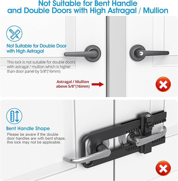 AST Childproof Double Door Security Lock, Adjustable Keyed French Door Lock | Lockout device for knobs and handles of double doors, prevent kick ins, Kids proof barricade, bigger adjustment, matte black - Image 6