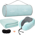 urnexttour Travel Pillow and Blanket Set Neck Pillow Airplane Foam Mint | 43x60 Inch Plane Blanket, Traveling Compact Storage Bag, Eye Mask, and Earplugs for Ultimate Flight Comfort, Women and Men by Urnexttour