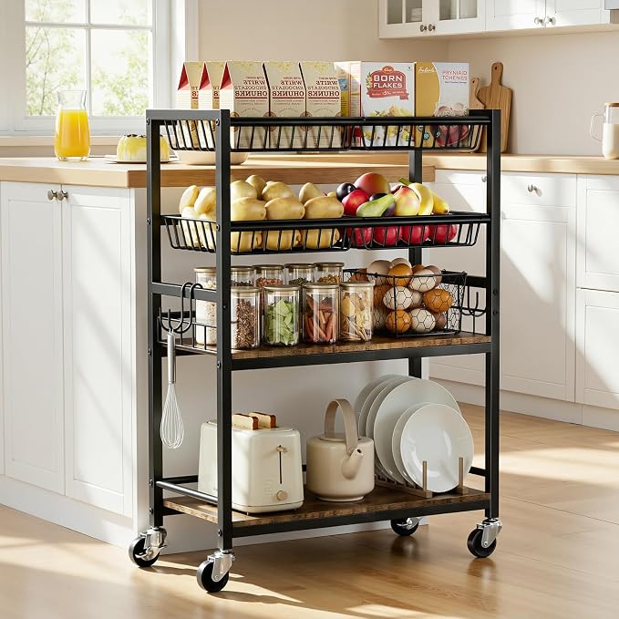 Fruit Vegetable Storage Cart, 4 Detachable Basket | 4-Tier Kitchen Rolling Storage Cart, Fruit & Vegetables Stand, Snack Organizer for Kitchen, Bathroom, Living Room by Kssiaz