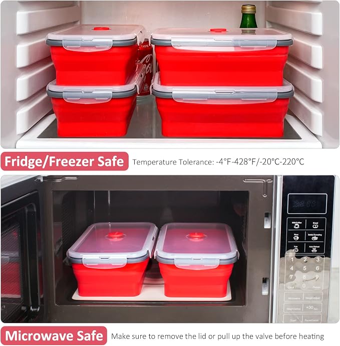 Collapsible Food Storage Containers with Airtight Lid & Air Vent, 40.5 oz, Kitchen Stacking Silicone Collapsible Meal Prep Container Set for Leftover, Microwave Freezer Dishwasher Safe, Red, Set of 4 - Image 5