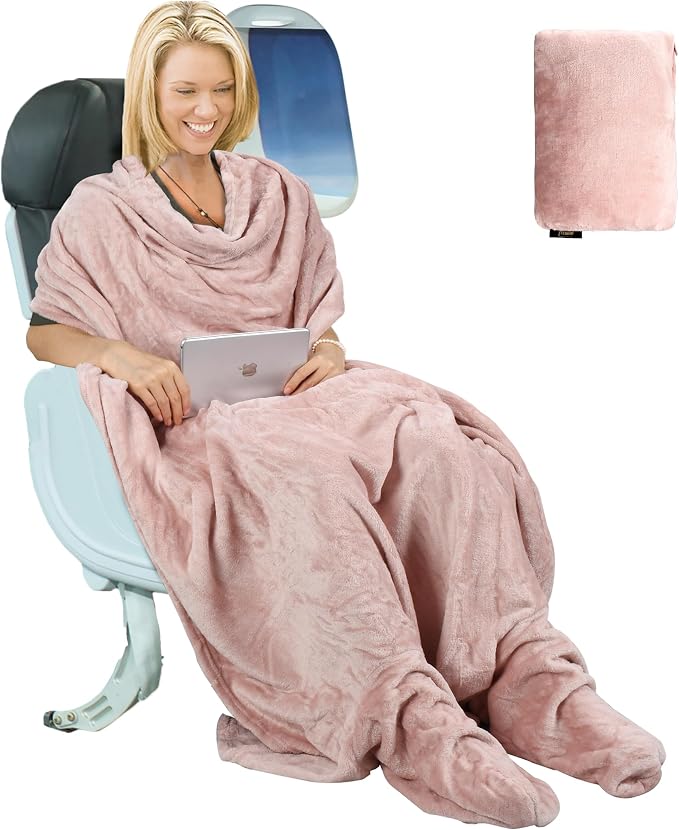 Tirrinia Travel Portable Blanket with Feet Pocket Airplane Office Poncho 4 in 1 Zippered Front Pocket Premium Cozy Fleece Blankets with Built-in Bag by Tirrinia