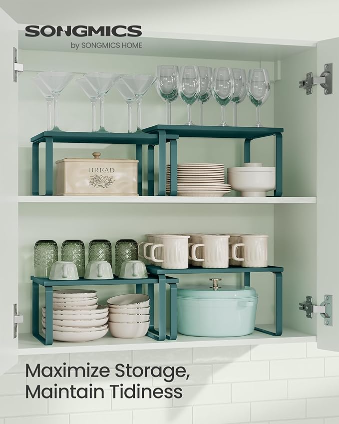 SONGMICS Cabinet Organizer Shelf, Set of 2 Spice Rack, Kitchen Storage | Kitchen Counter Storage Spice Rack, Steel, Bamboo, Marrs Green, BYSTRO Collection UKCS002C02 - Image 2