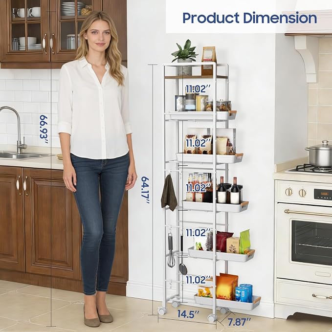 6 Tier Slim Storage Cart with Pull-Out Baskets Rolling Cart with Wheels Wood Top Narrow Utility Cart Metal Shelving Units for Pantry Laundry Room Bathroom Kitchen White 8in(W) - Image 5