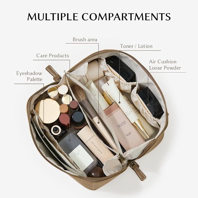 EACHY Travel Makeup Bag for Women, Faux Suede Cosmetic Bag, Khaki, Medium | Faux suede organizer with flat-open access, clear TPU brush pocket and carry handle for daily makeup, toiletries and travel - Image 2