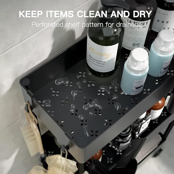 Pipishell 3 Tier Bathroom Storage Cart, Slim Storage Cart with Wheels,Black | 7.1 inch Wide - Fits Narrow Spaces, 1 Storage Cup and 6 Hooks, Ventilation Holes, Durable ABS Material, Detachable Wheels - Image 5