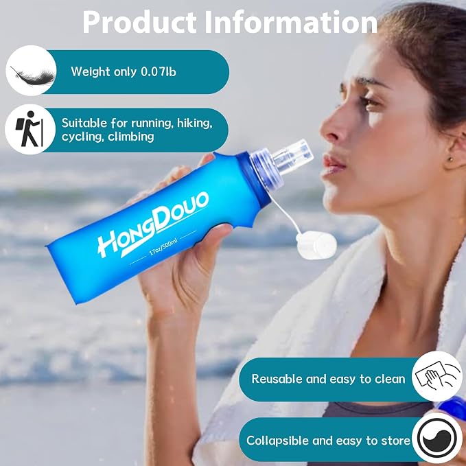2 Packs Soft Flask, 17oz/500ml TPU Collapsible Soft Water Bottle for Hydration Pack, Running Vest, BPA-Free Folding Water Bottles for Hiking Cycling Climbing Running Outdoor Sports - Image 6