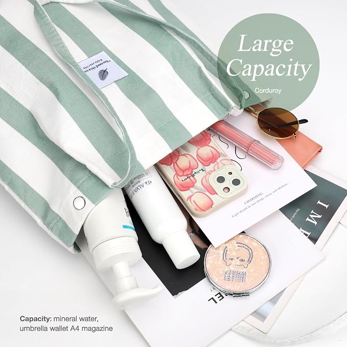 LHMTQVK Corduroy Tote Bags for Women, Large Capacity Tote Purse Reusable Grocery Shoulder Bag with Inner Pockets - Image 2