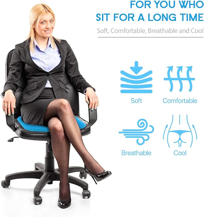 Gel Seat Cushion for Long Sitting, (Thick & Large) Cushion for Wheelchair | Gel Cushion for Office Chair, Soft & Breathable, Chair Cushion, Gel Car Seat Cushion for Hip Pain (Blue Cushion+Black Cover) - Image 2