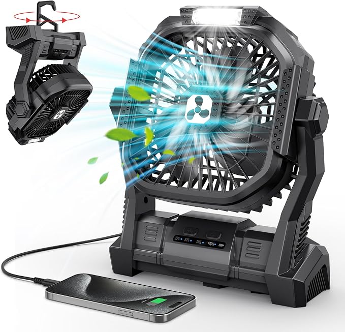 Portable Fan Rechargeable 20000mAh Cordless Battery Powered Camping Fan | with LED Lantern, Small Table Fan, USB Battery Operated Fans for Travel Bedroom Home Camping Tent Office Beach Desk Black by OnlyNewforYourLife