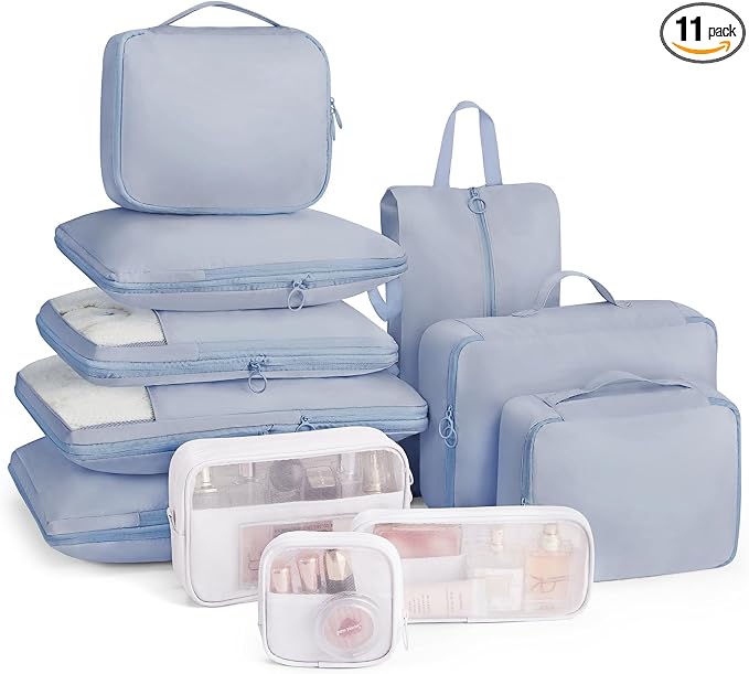 Compression Packing Cubes 11pc Set, Expandable Travel Organizers for Suitcases & Carry Ons, Durable Luggage Packing Bags for Travel Essentials Blue by Unknown