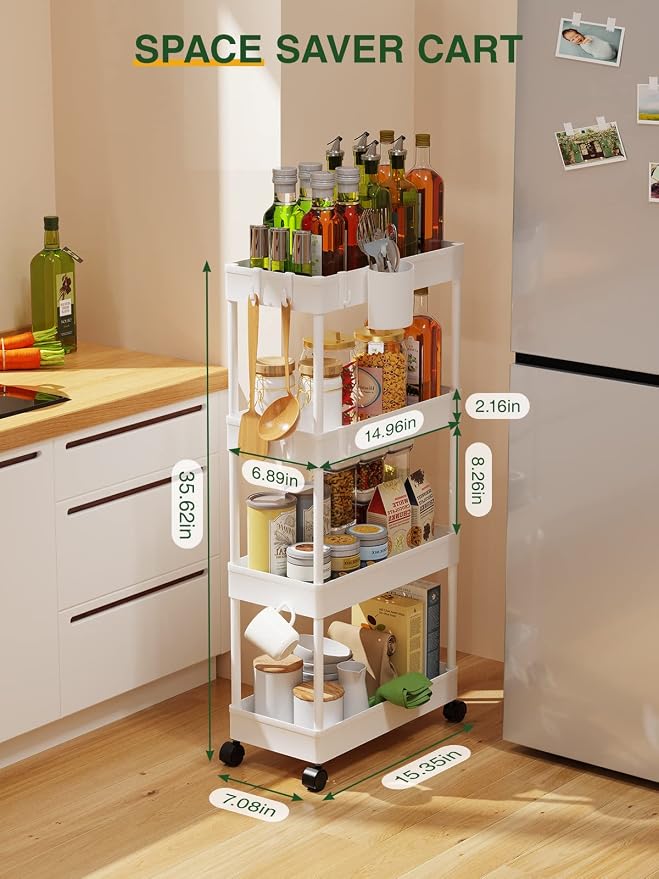 LEHOM Slim Rolling Storage Cart - 4 Tiers Bathroom Organizer Utility Cart | Slide Out Storage Shelves Mobile Shelving Unit for Kitchen, Bedroom, Office, Laundry Room, Small Narrow Spaces (7.1" W+White) - Image 3