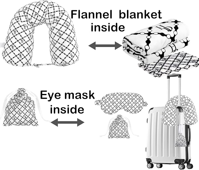 Travel Pillow with Detachable Flannel Blanket & Eye Mask – Plush Velvet Neck Support Pillow for Airplane,Car,Office Rest,Coordinated Digital Print Set (Black Circular Grid, 60in * 79in) - Image 2
