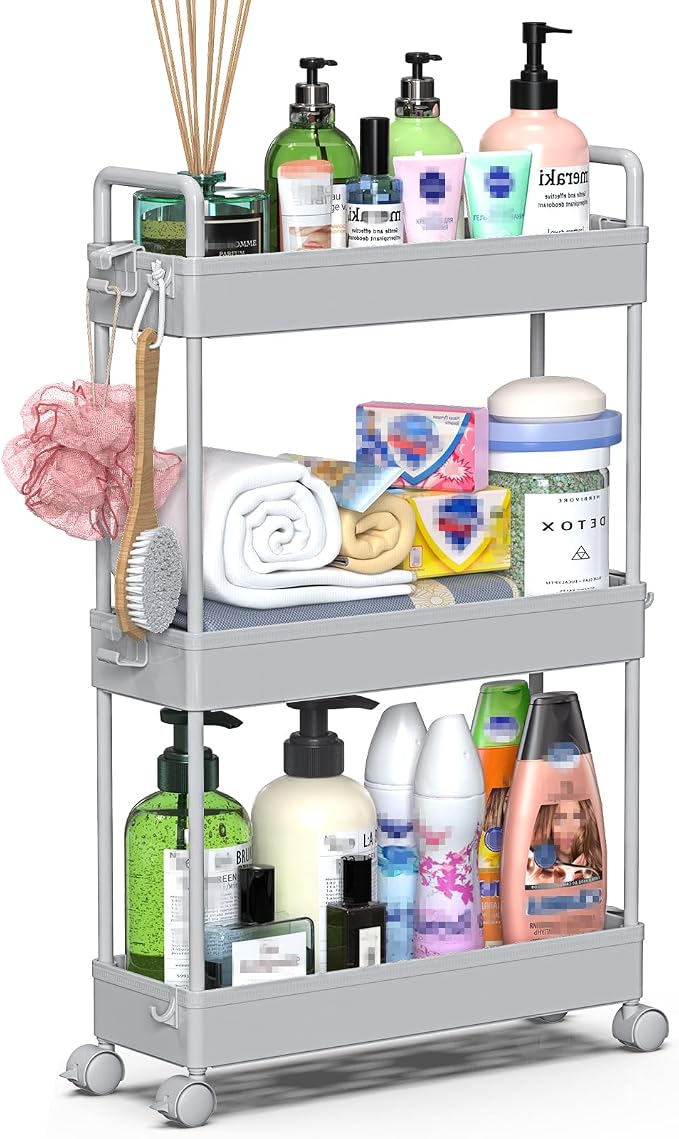 SOLEJAZZ Slim Rolling Storage Cart Skinny Bathroom Organizer, 3 Tier, Gray | Thin utility cart with wheels for bathroom, laundry room, bedside, kitchen, dorm, office, next to fridge, small narrow places - Image 8