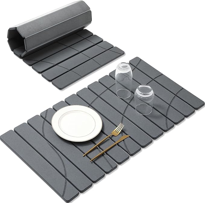 Extra Large Stone Dish Drying Mat for Kitchen Counter, Quick Dry Stone Dish Mats, Foldable Water Absorbing Diatomaceous Drying Pad for Countertop Bottles Utensils Bathroom (Flow Line Gray 32"x16") by linidcoudhome