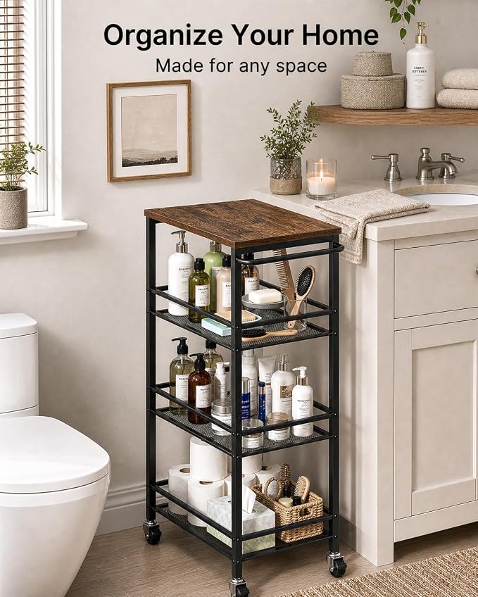 Pipishell Metal 4 Tier Laundry Storage Cart with Wheels, Handle & Wood Top | 10.83" Wide, Larger Storage Spaces, Rust-Resistant Steel, Ventilated Mesh, Anti-Fall Crossbars, 44 lbs Weight Capacity - Image 5