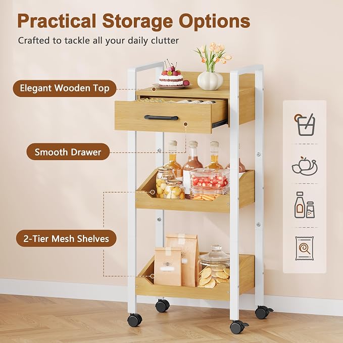 Hoctieon 3-Tier Rolling Storage Cart with Drawer, Rolling Utility Cart Organizer, Mobile Shelving Unit with Wheels, Metal Frame, Kitchen Utility Cart for Small Space, Office, Bathroom, Oak Beige - Image 5