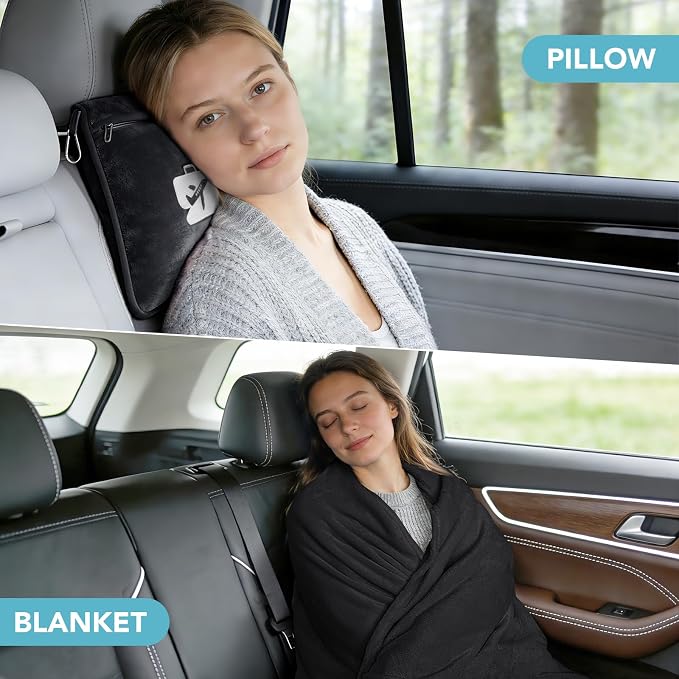 Travel Pillow and Blanket 2-in-1 Set Airplane Black 60x50 Inch | Plane Packable , Soft Warm and Lightweight Flannel, Hand Luggage Sleeve and Backpack Clip, Plane Flight Car Trips - Image 3