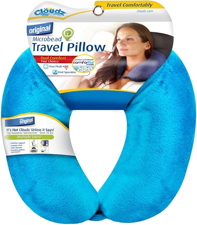 Dual Comfort Microbead Airplane Travel Neck Pillow. Soft Cozy Plush Fabric on One Side, Cool Relaxing Spandex on the Other! Customize Your Comfort and Support at Home or On the Go! Bright Blue by Cl%C3%B6udz