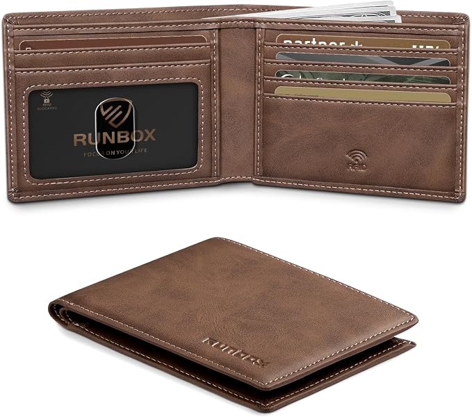 RUNBOX Wallet for Men Slim Leather Bifold RFID Blocking Minimalist Front Pocket Design with Gift Box | Minimalist Front Pocket Design, Holds 8 Cards, RFID Protection, Gifts for Men on Birthdays, Father’s Day, and Christmas by RUNBOX