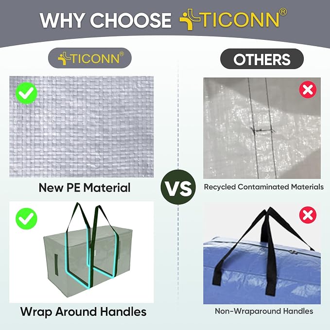 TICONN 6 Pack Extra Large Moving Bags Heavy Duty with Zippers & Carrying Handles, Durable Storage Bags Moving Boxes for Closet Organizers and Storage (6 Pack, Olive) - Image 4