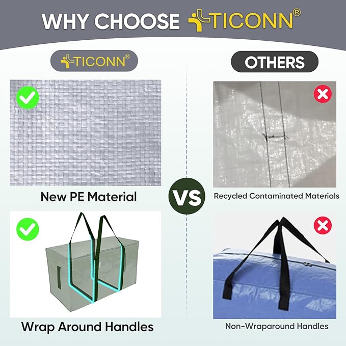 TICONN 2 Pack Extra Large Moving Bags Heavy Duty with Zippers & Carrying Handles, Durable Storage Bags Moving Boxes for Closet Organizers and Storage (2 Pack, Olive) - Image 4