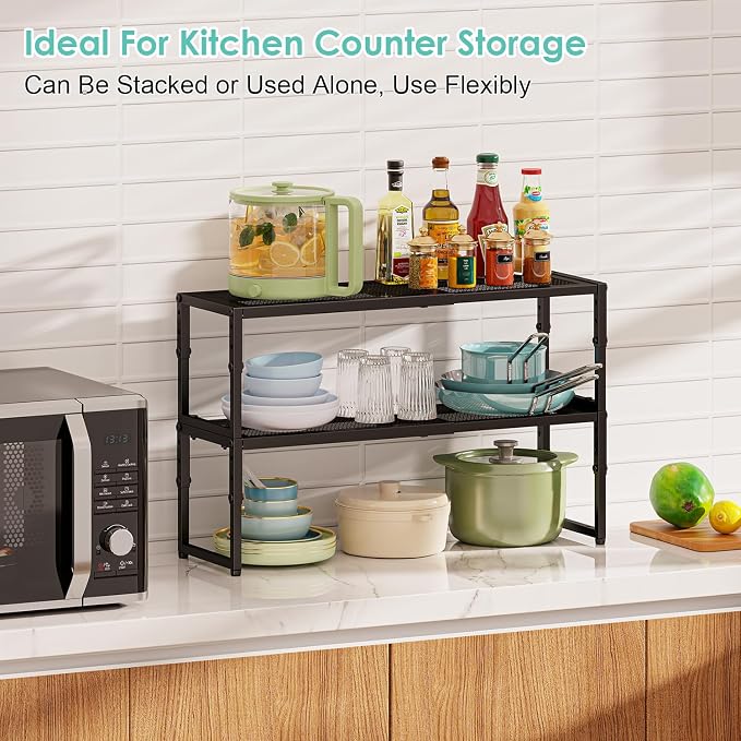 2 Pack Expandable Kitchen Cabinet Shelf Organizer, 15.5"-25.5" Long Adjustable Storage Shelves Organizers for Kitchen Countertop Pantry Cupboard Table Desk Counter, Stackable, 30LBS Load Capacity - Image 4
