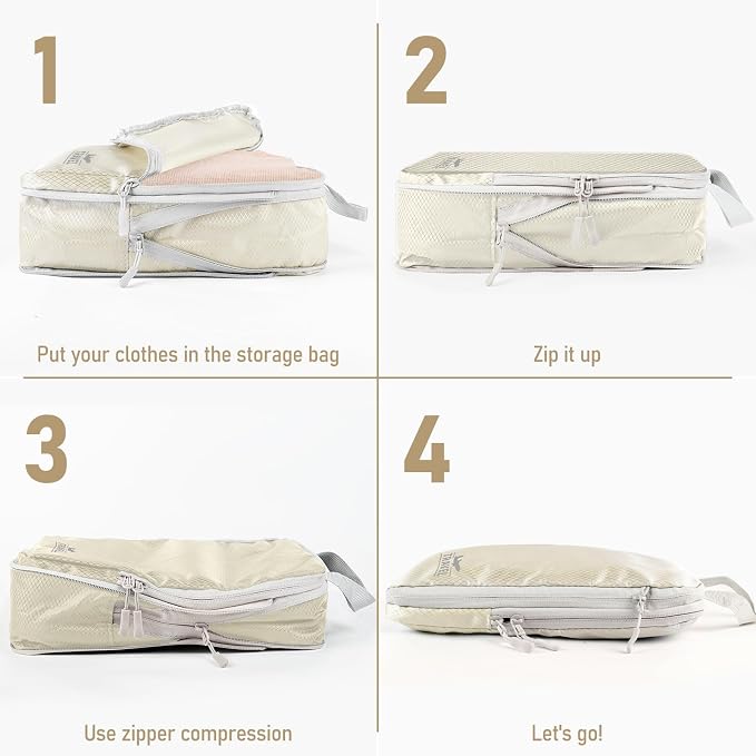 4 Set Compression Packing Cubes, Suitcase Organizer, Lightweight Travel Essentials, Compression Bags For Travel Accessories Luggage Storage Set (4 Pcs, Beige) - Image 3