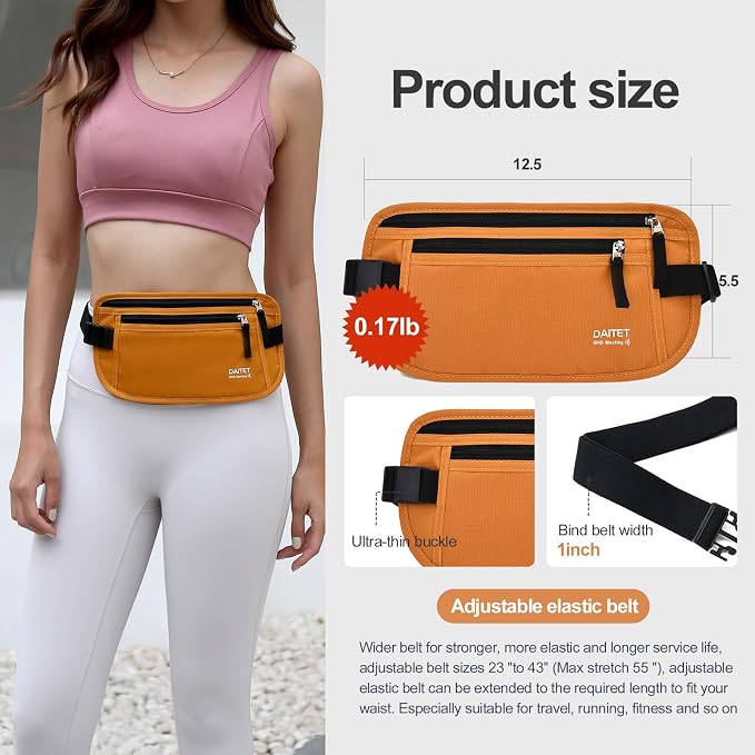 RFID Blocking Money Belt for Men Women, Slim Fanny Pack for Travel，Running,Conceal Waist Wallet for Passport Holder,Phone,Cash(Brown Orange) - Image 3