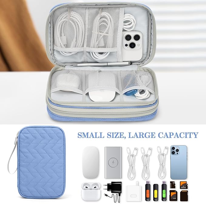 FYY Electronic Organizer, Travel Tech Pouch Bag, Large, Blue Quilted | Wrist Strap, Waterproof, Double Layers Portable Electronics Travel Carrying Case for Cord, Charger, Daily Business Trips Use - Image 6