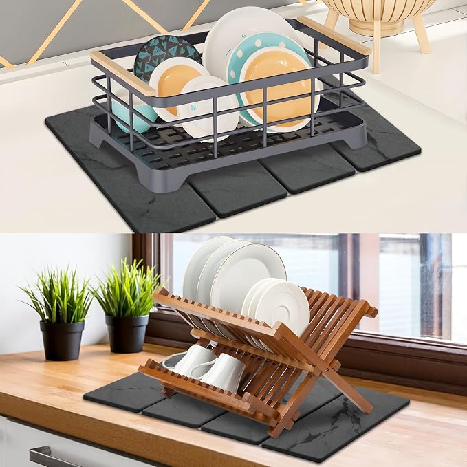 Large Stone Dish Drying Mat for Kitchen Counter, 2 PCS Quick Dry Stone Mats, Foldable Water Absorbing Diatomaceous Earth Drying Dishes Pad for Countertop Bottles Utensils Cup(Dark gray 24"x16"&8"x4") - Image 2