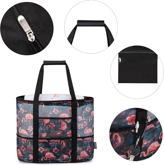 KABAQOO Mesh Beach Bag, Extra Large Beach Bags with 9 Pockets & Zipper Waterproof Lightweight Beach Tote for Beach/Pool Trip - Image 3
