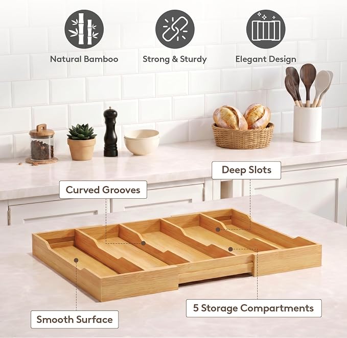 Lifewit Bamboo Utensil Organizer for Kitchen Drawer, Cooking Utensil Tray | Expandable Cutlery Silverware Flatware Holder, Wood Adjustable Spatula Tools Storage Divider, 12.6-22.8 x 14", Natural - Image 9