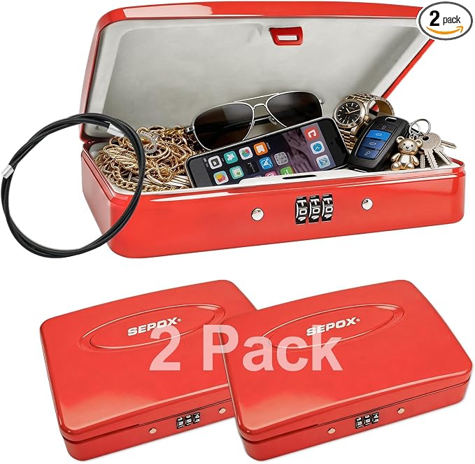 SEPOX® 2PK Portable Steel Safe Box 3-Ft Cable Keyless 3-Digit Combo Red Set | For Dorm Car Office 2 Red Portable Safe Boxes Keyless 3-Digit Lock Steel Shell 3-Ft Steel Cable Secures Cash Cards Valuables by SEPOX